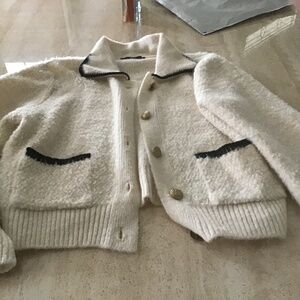 Mango white boucle whipstitch cardigan with collar size M